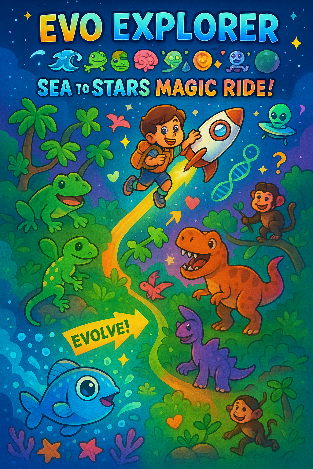 Vibrant magical adventure map showing evolution from a cute fish in a bubbly ocean to bouncy amphibians on green land, friendly dinosaurs in a sunny jungle, fluffy mammals swinging on vines, and a smart kid riding a rocket to stars with aliens and robots, all in bright rainbow colors with stars, hearts, and evolution arrows